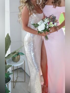 Champagne sequin maxi prom dress